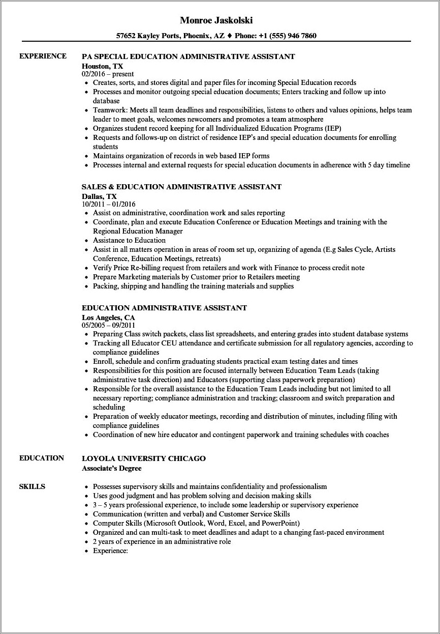 Resume For Administrative Job In School