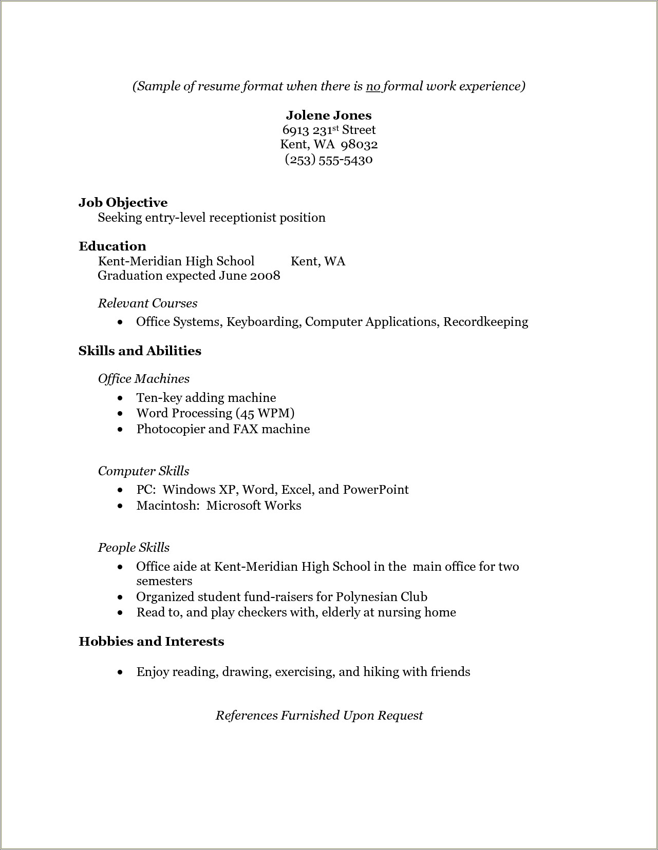 Resume For Adults With No Work Experience