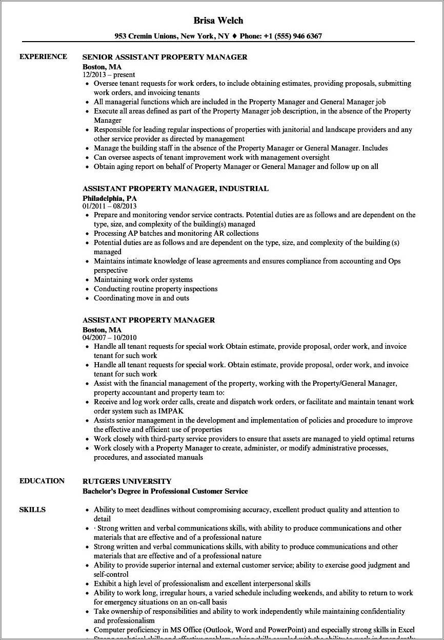 Resume For An Apartment Complex Manager