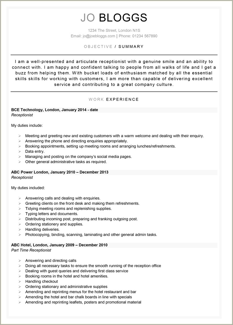 Resume For Apply For A Receptionist Job