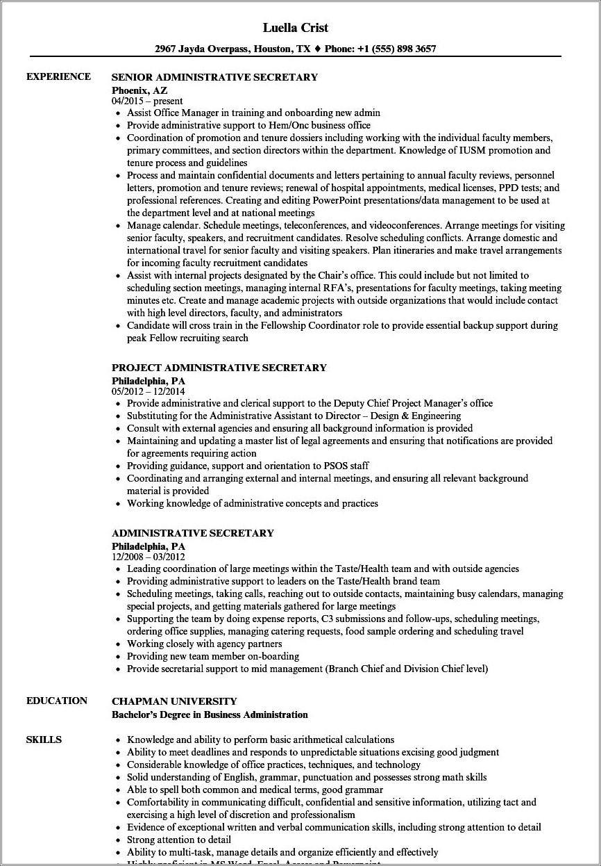 Resume For Applying A Secretary Job
