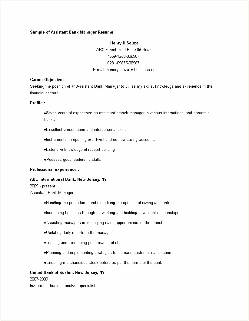 Resume For Applying Bank Manager Post