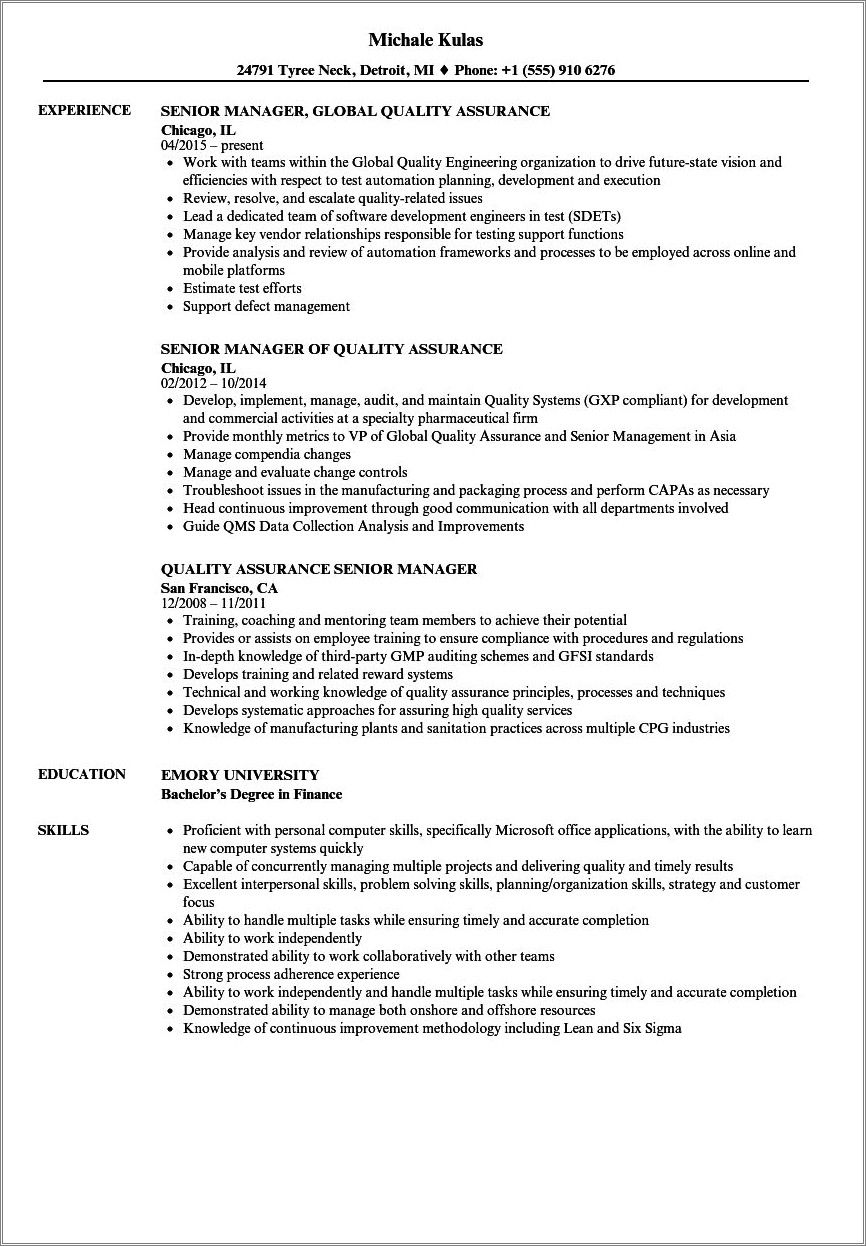 Resume For Applying For Quality Control Manager