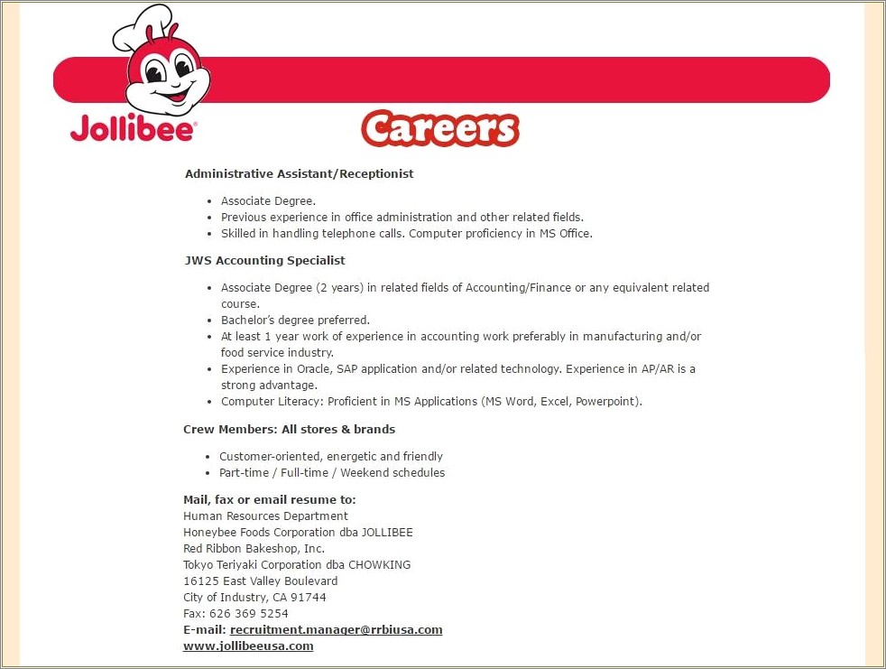 Resume For Applying Job In Jollibee