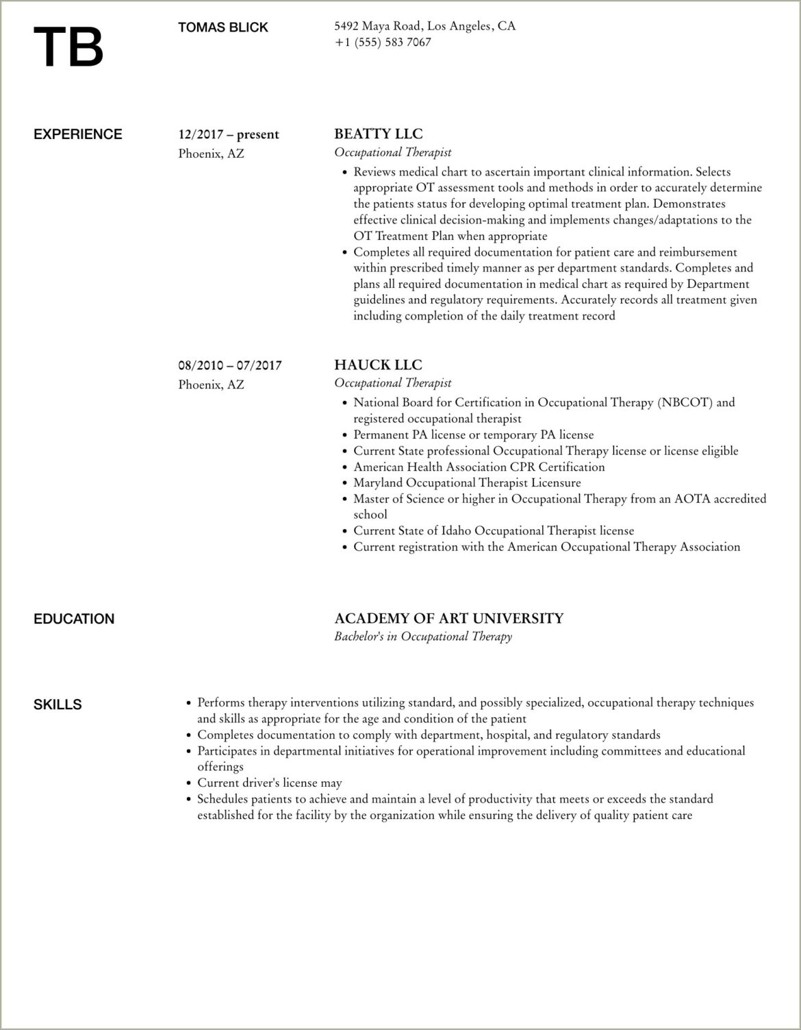 Resume For Applying To Ot School