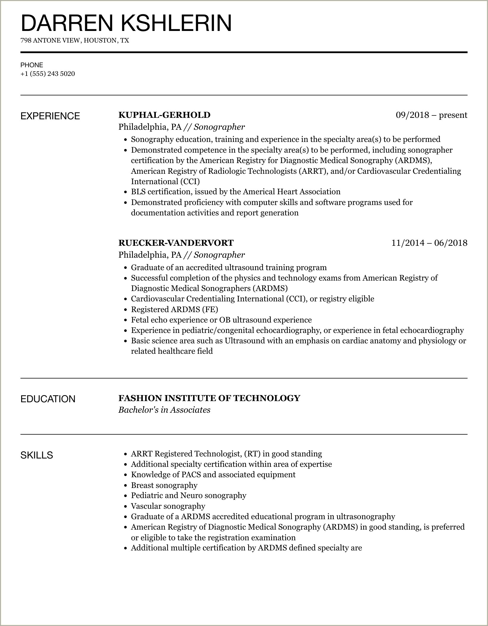 Resume For Applying To Sonography School