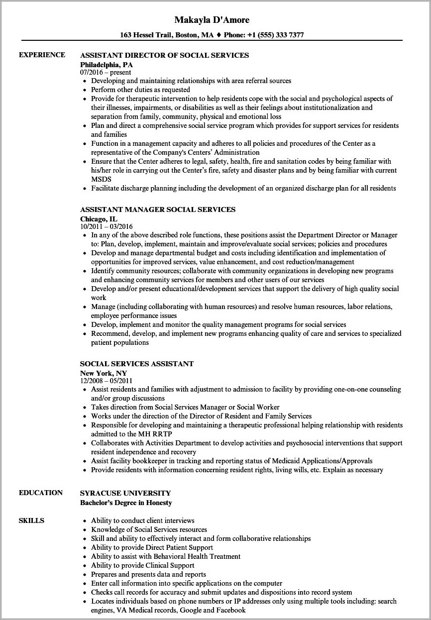 Resume For Assistant Family Service Worker
