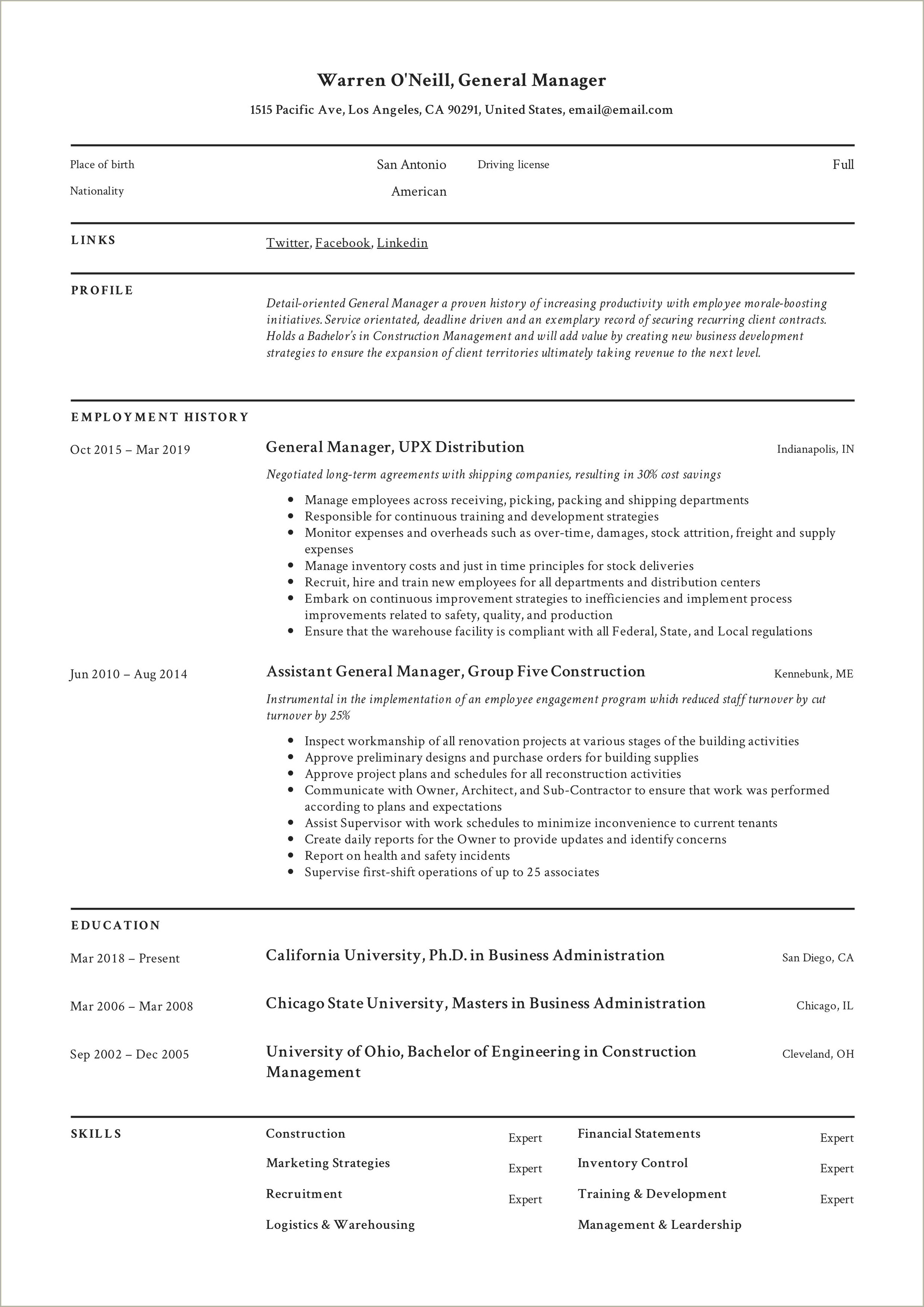 Resume For Assistant General Manager Of A Gym