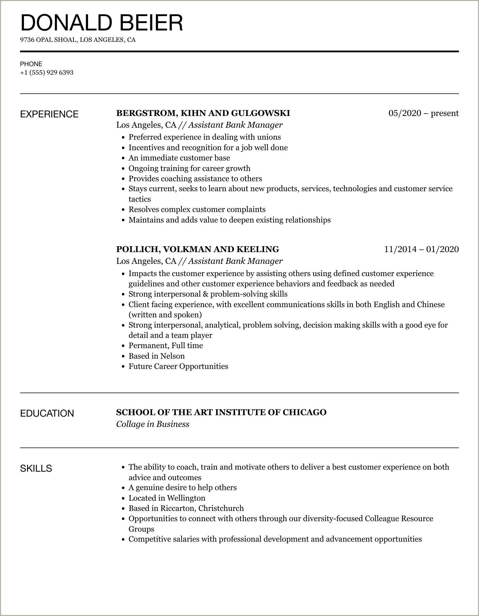 Resume For Assistant Manager In Bank