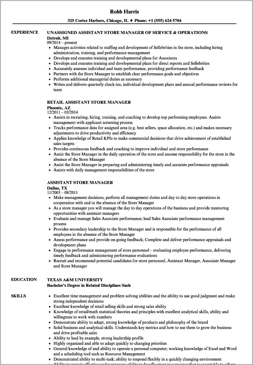 Resume For Big Box Retail Assistant Manager Samples