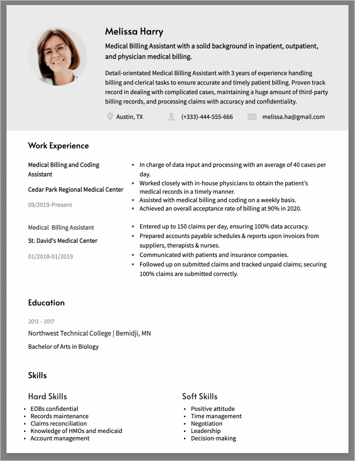 Resume For Billing Officer In Hospital Job