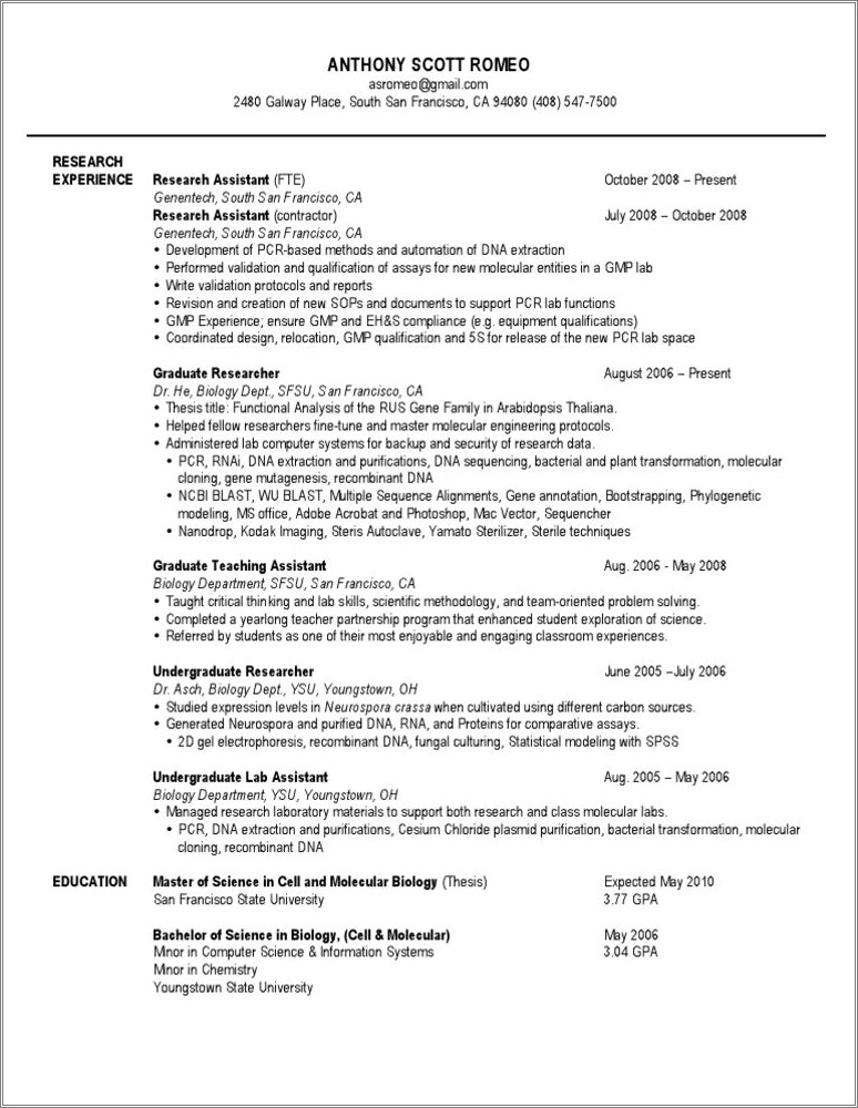 Resume For Biology Graduate With Research Experience