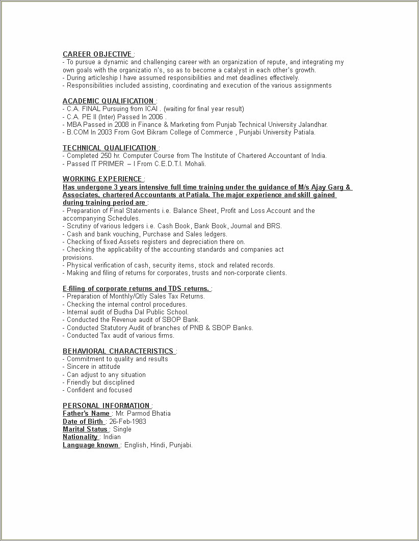 Resume For Ca Articleship Word File