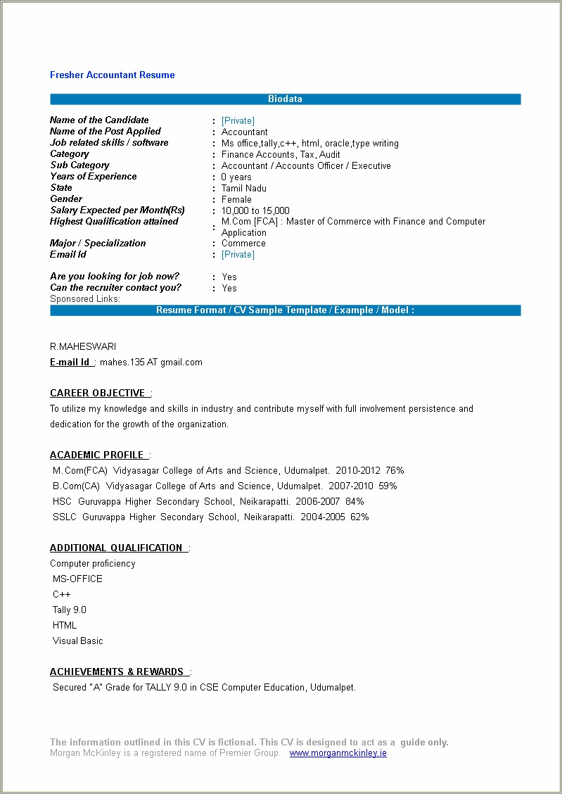 Resume For Ca Fresher In Word Format