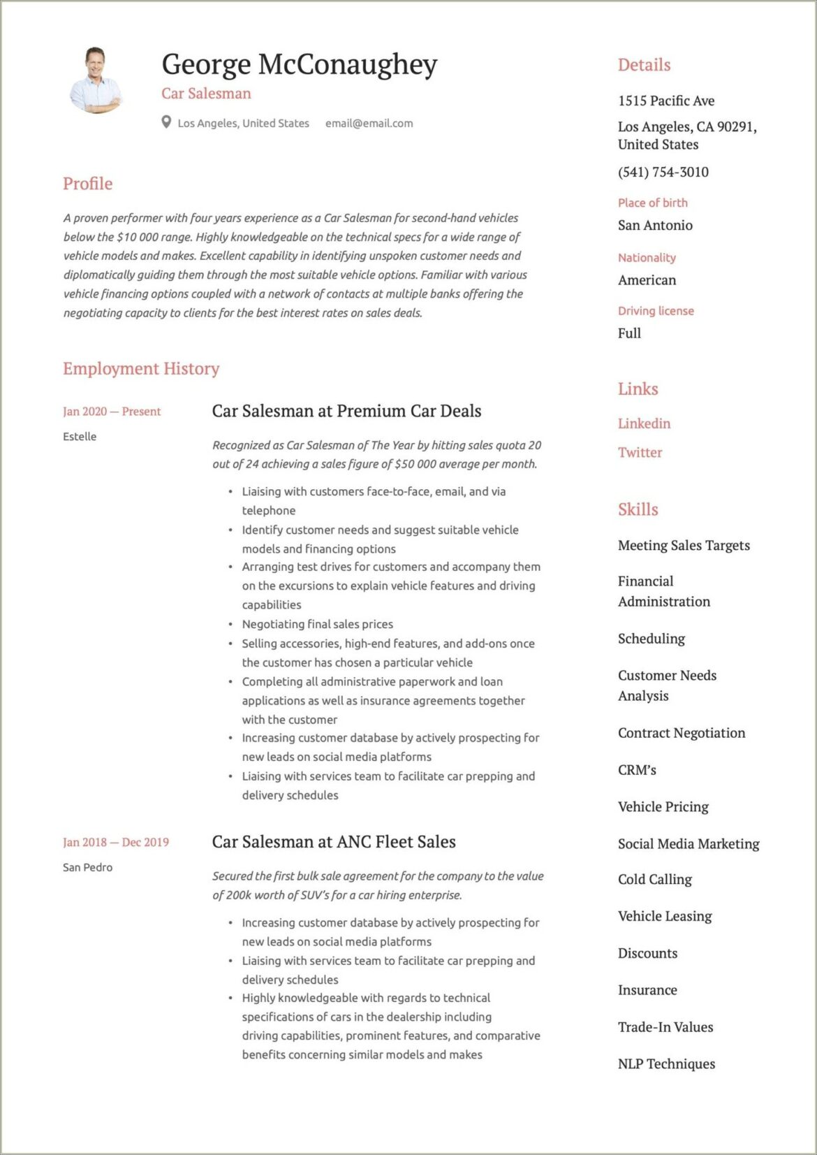 Resume For Car Salesman With No Experience