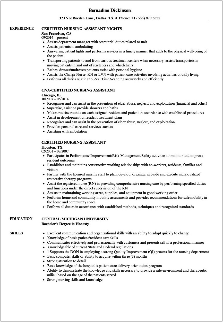Resume For Certified Nursing Assistant Without Experience