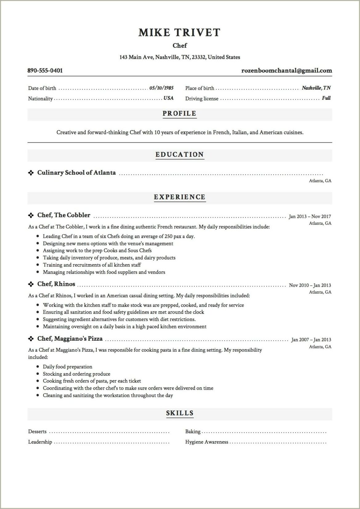 Resume For Chef Cook Free Download