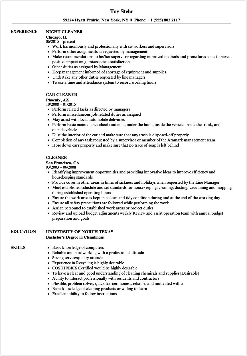Resume For Cleaner With No Experience