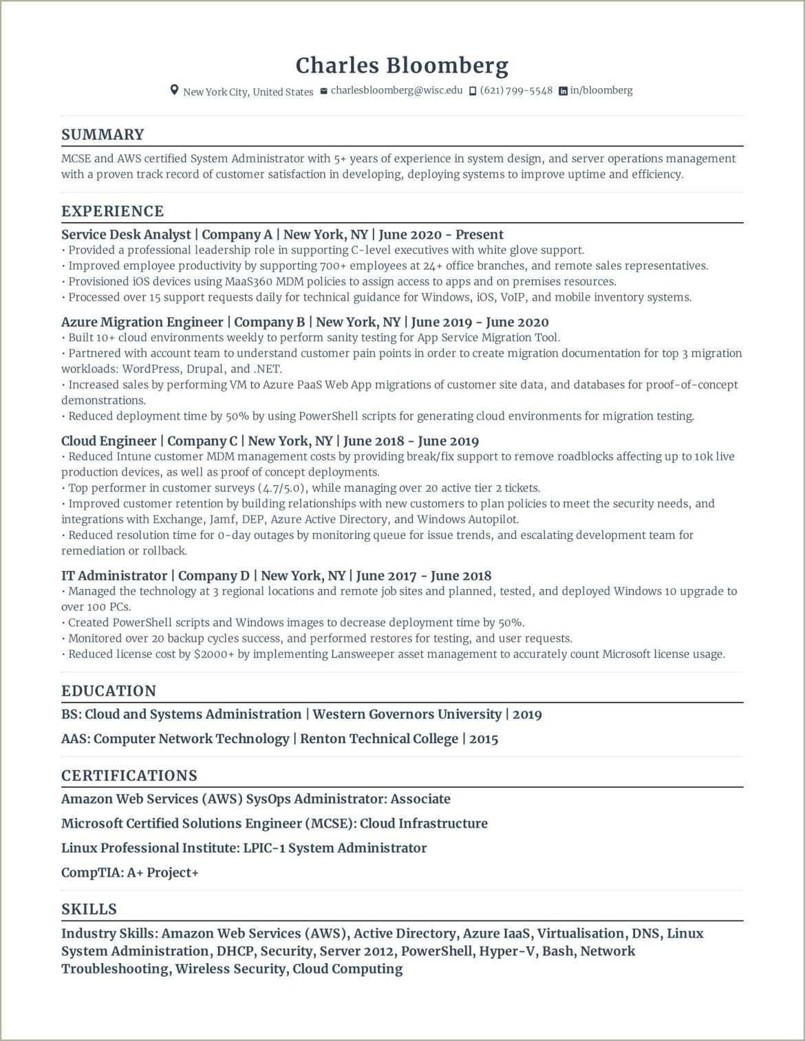 Resume For Cloud Administrator With 1 Year Experience