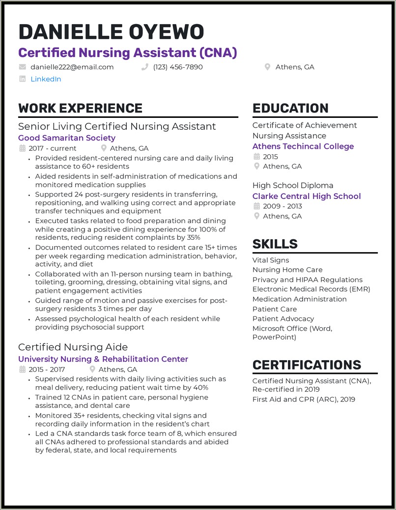 Resume For Cna Job Nursing Student