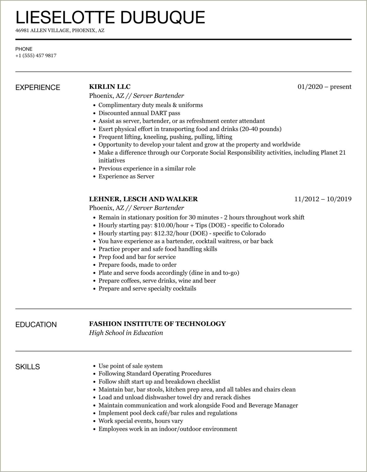 Resume For Cocktail Waitress No Experience