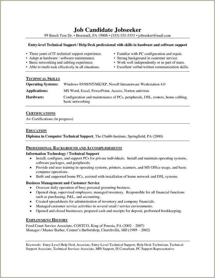 Resume For Computer Help Desk Job