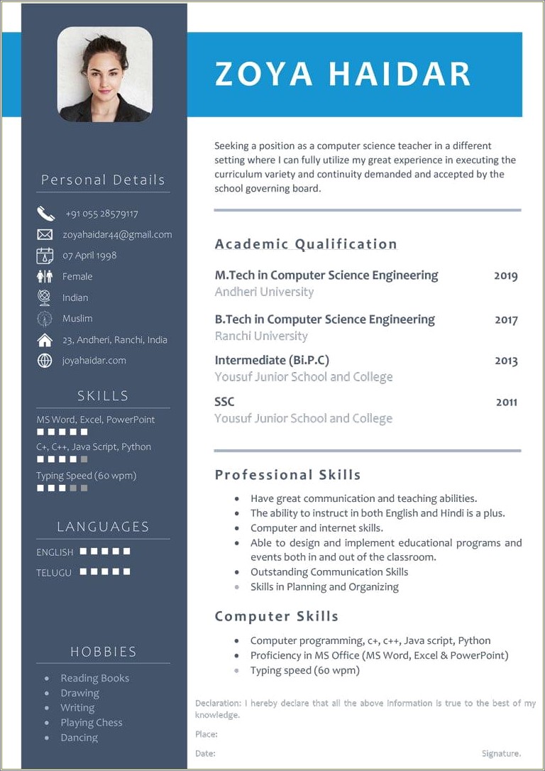 Resume For Computer Teacher Fresher In School