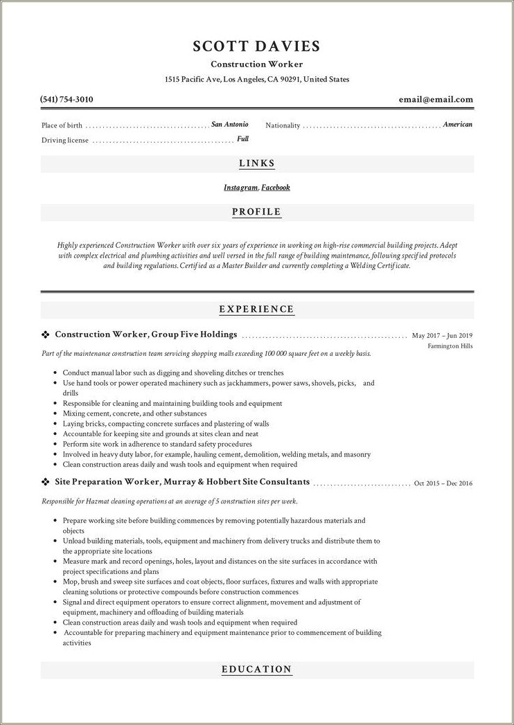 Resume For Construction Worker With Limited Experience