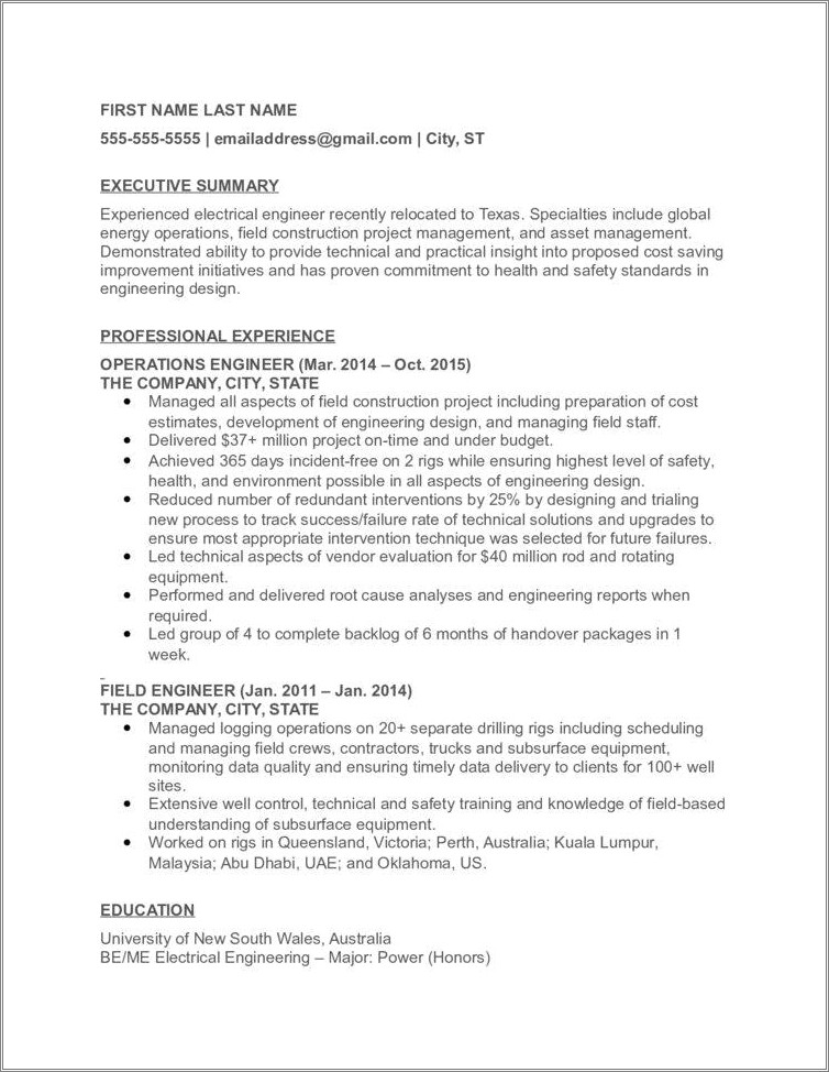 Resume For Electrical Engineer With 3 Years Experience