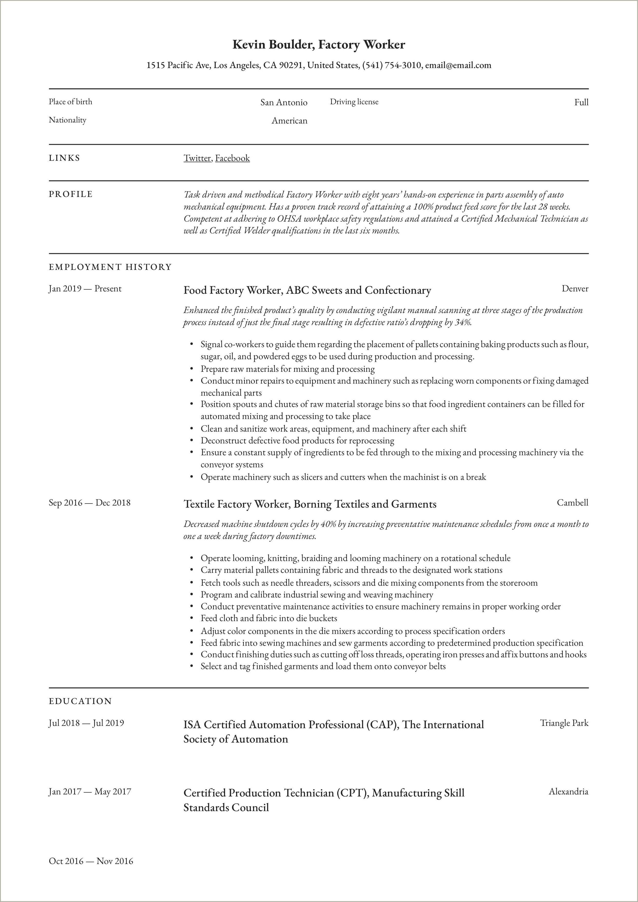 Resume For Entry Level Production Worker