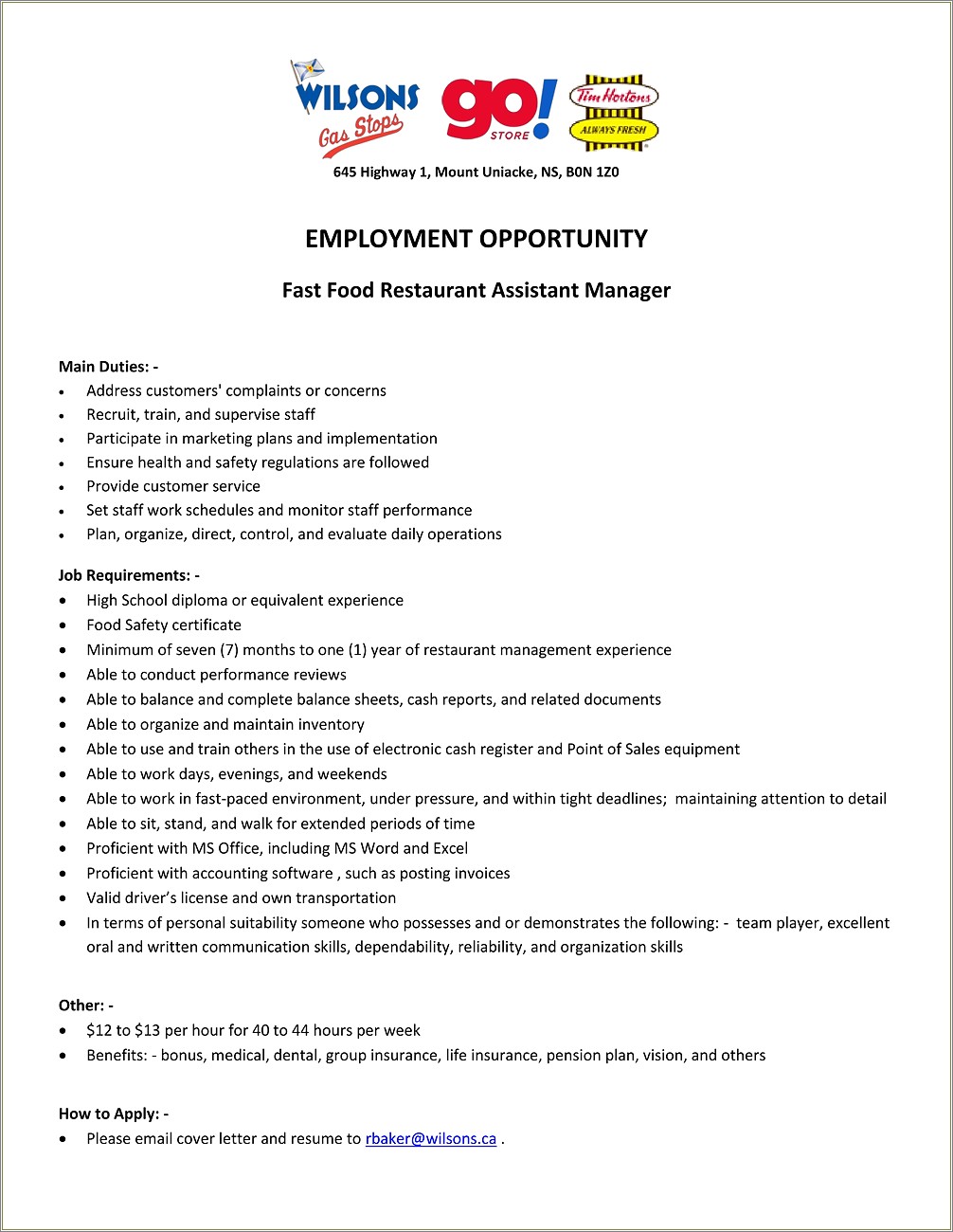 Resume For Fast Food Assistant Manager