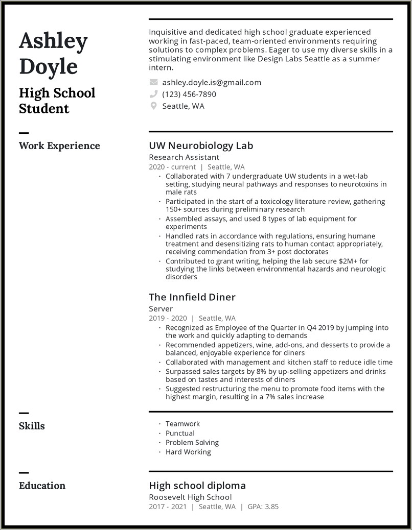 Resume For First Job After High School