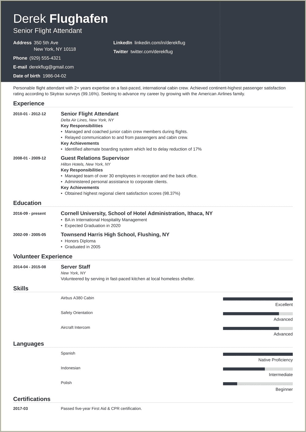 Resume For Flight Attendant With No Prior Experience