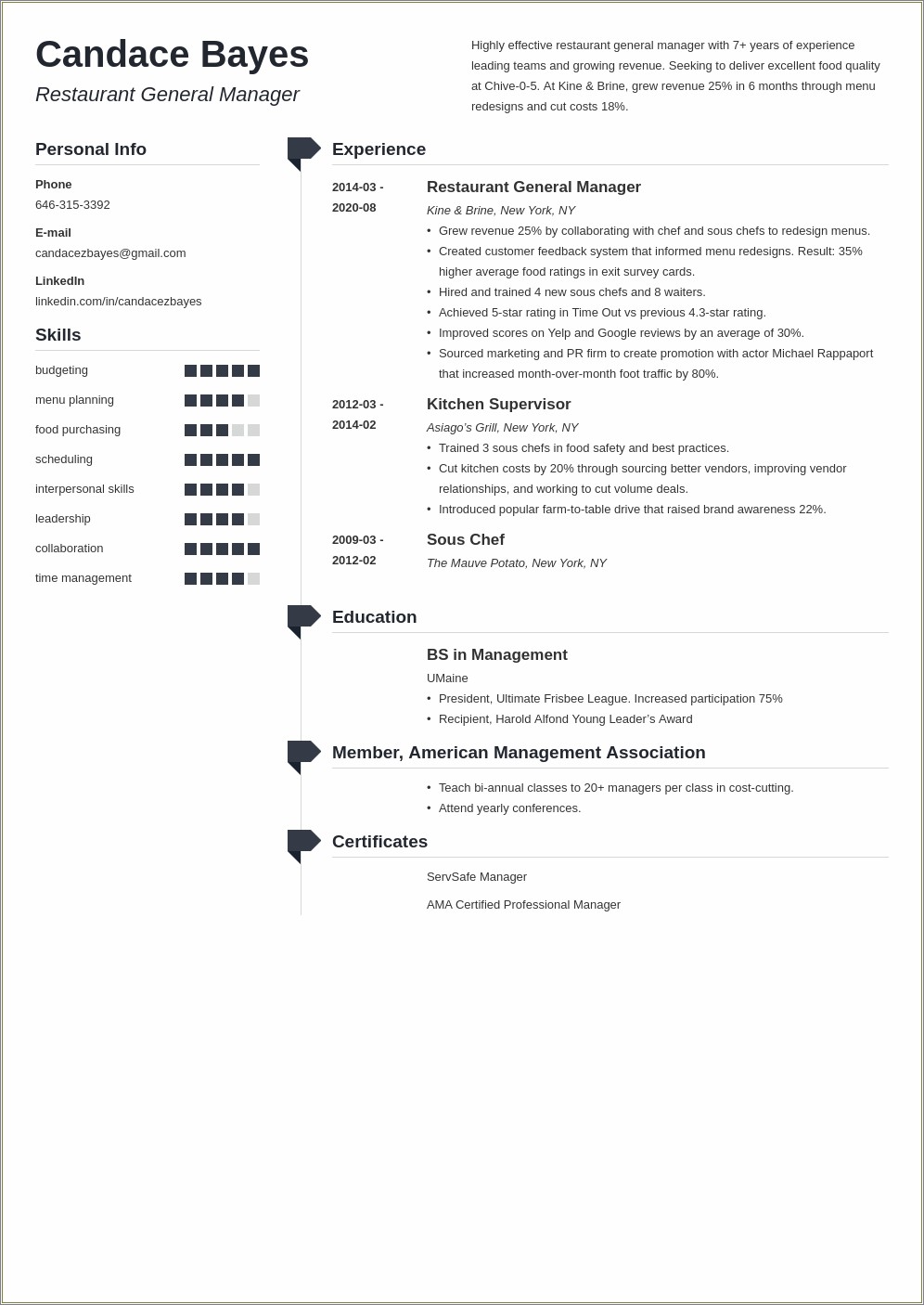 Resume For Food Service General Manager