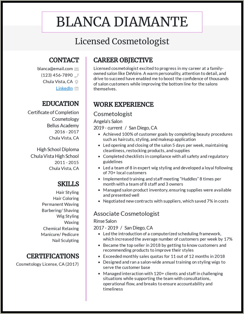 Resume For Fresh Out Of Cosmetology School
