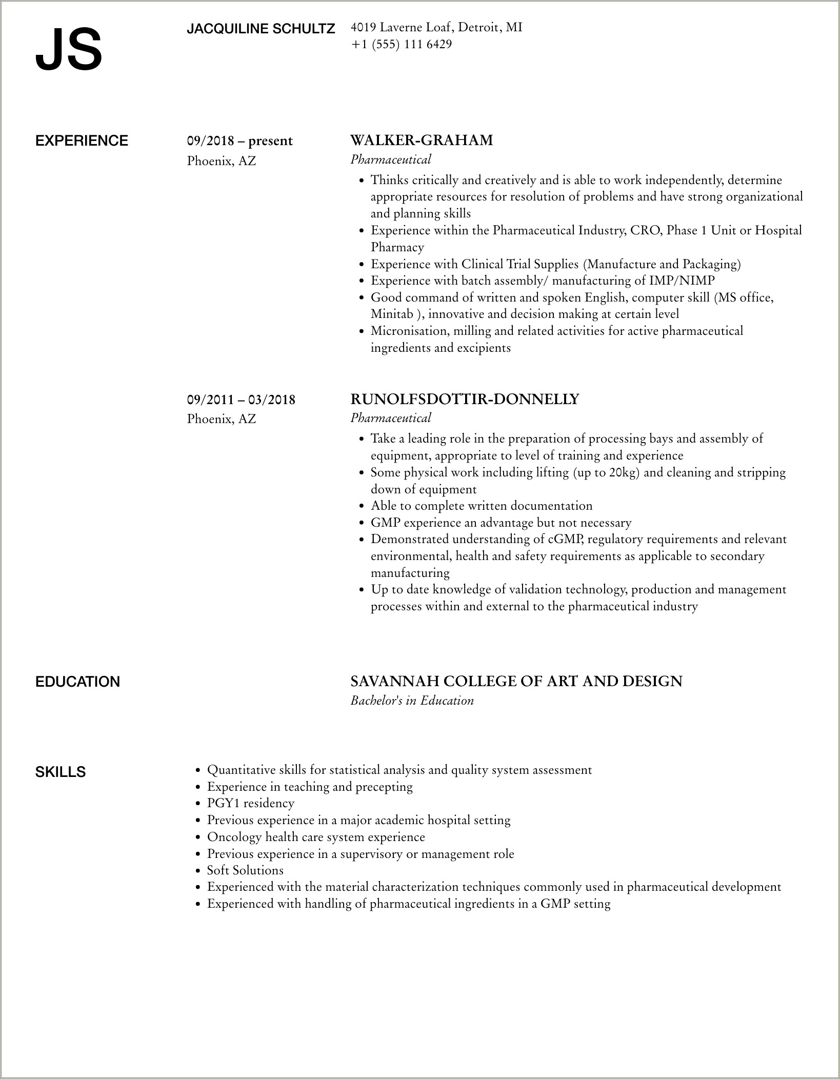 Resume For Gelatin Manufacturers Experience In Pharmaceutical