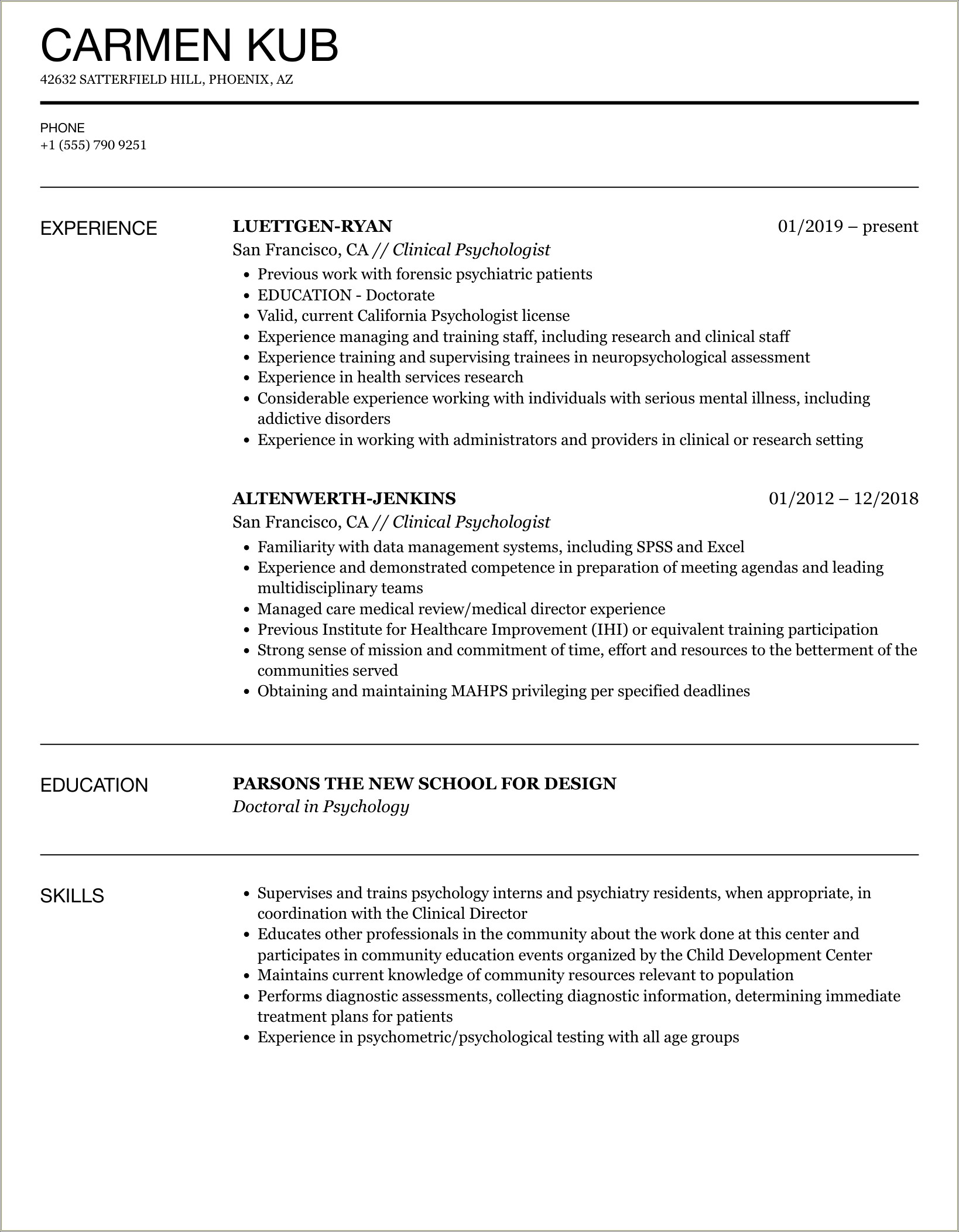 Resume For Grad School Psychology Example