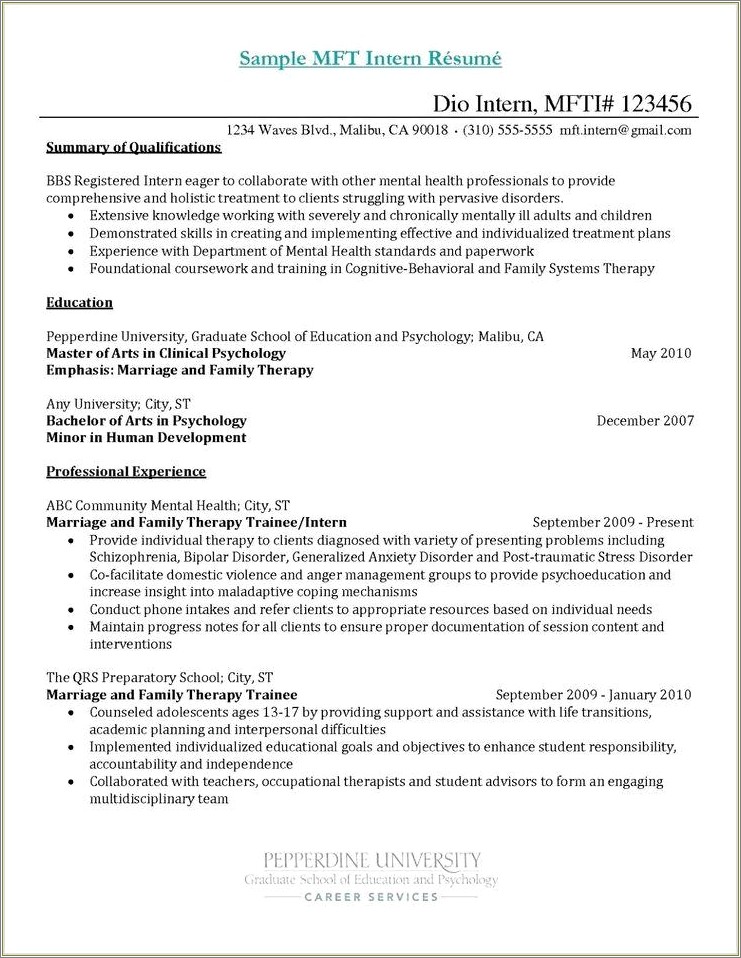 Resume For Graduate School Mental Health