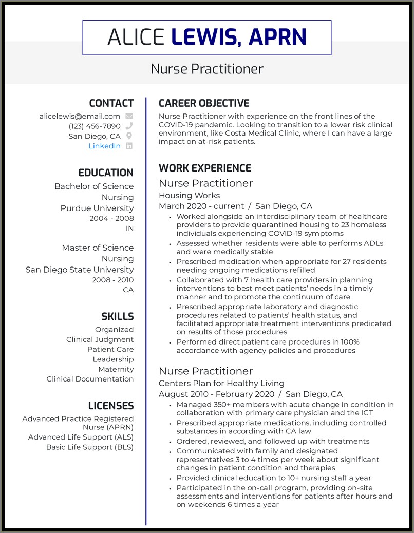 Resume For Graduate School Nurse Practitioner