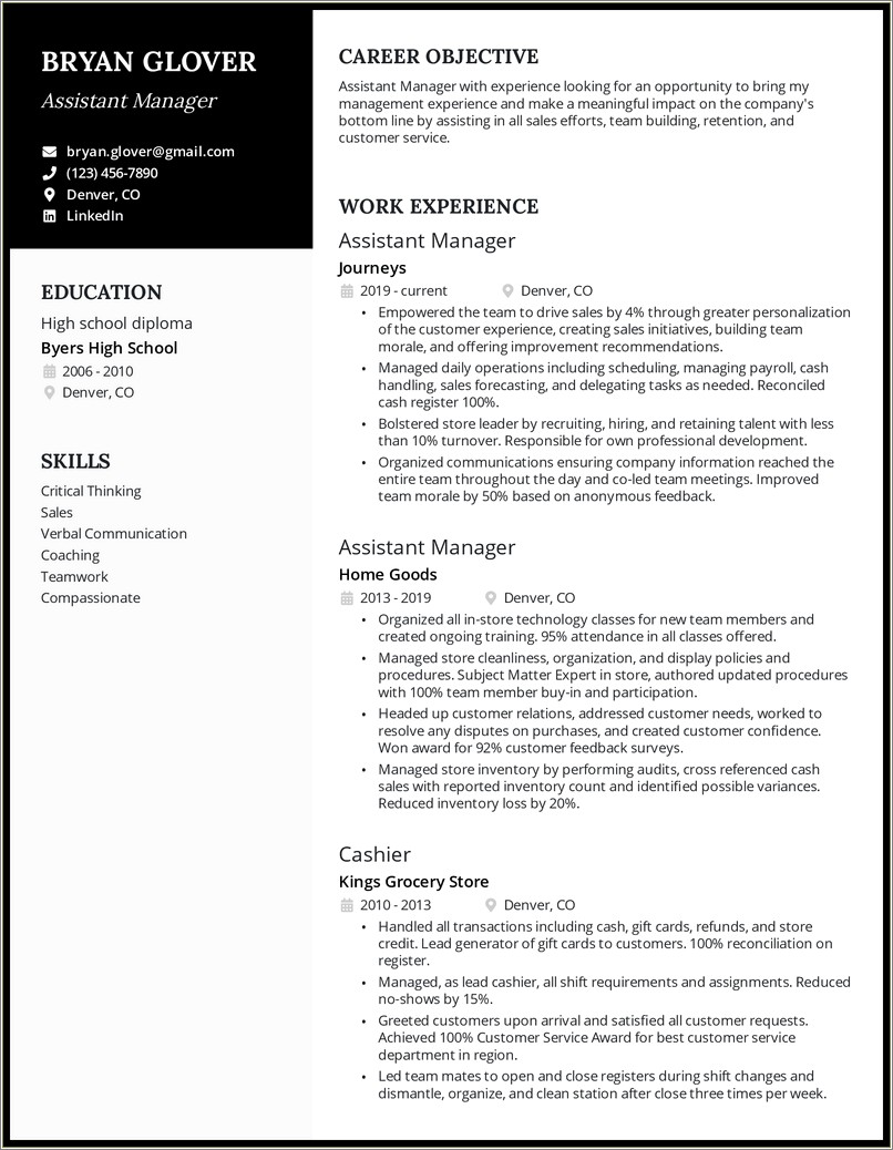 Resume For Grocery Store Assistant Manager