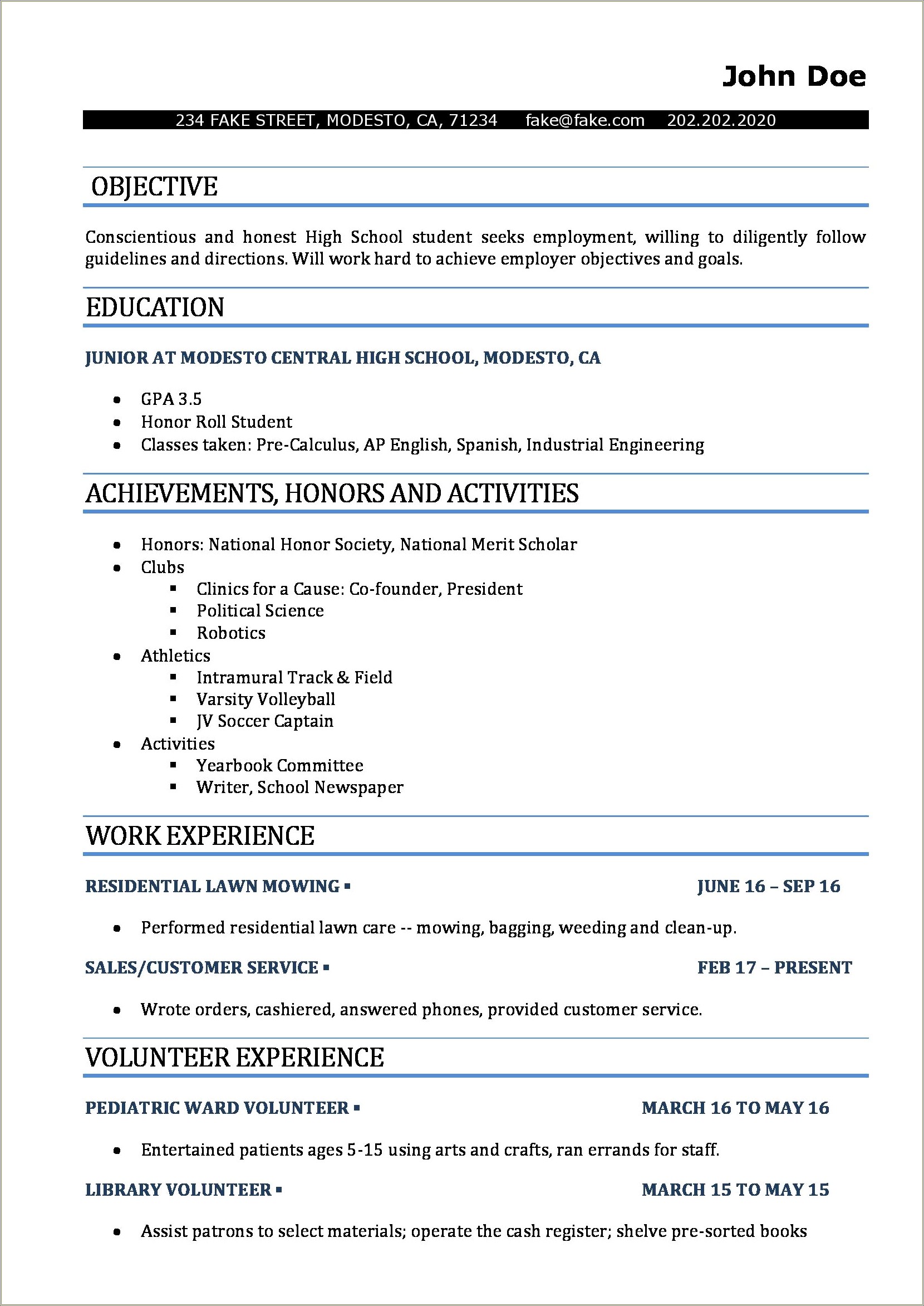 Resume For High School Students Free