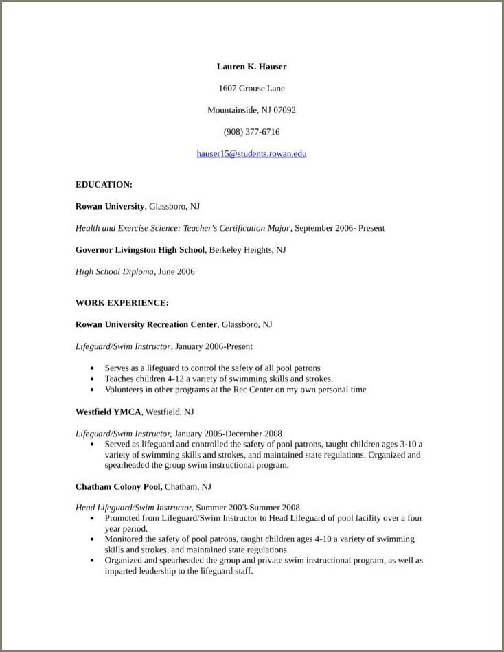 Resume For High School Swimming Instructor