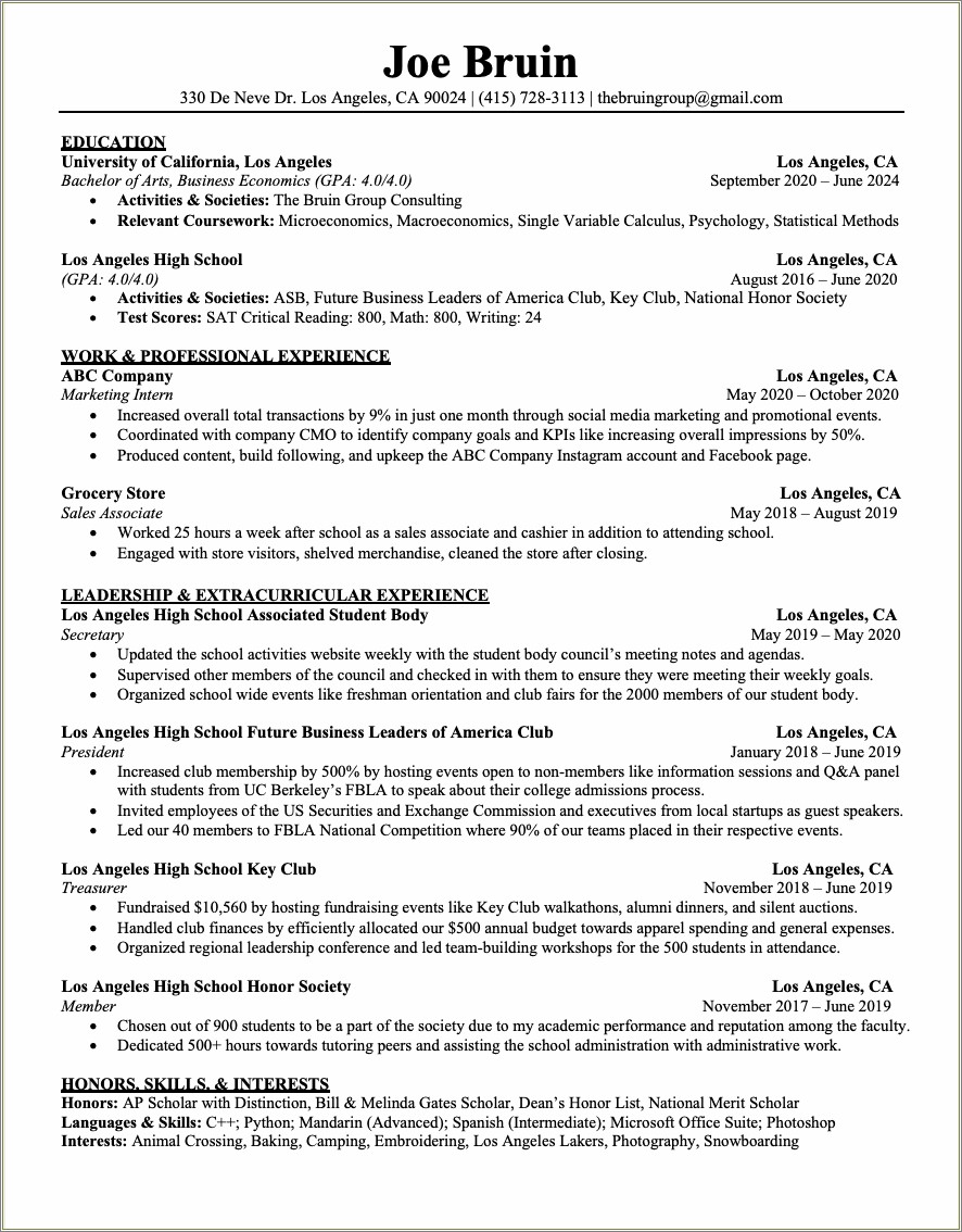 Resume For Honors Society High School
