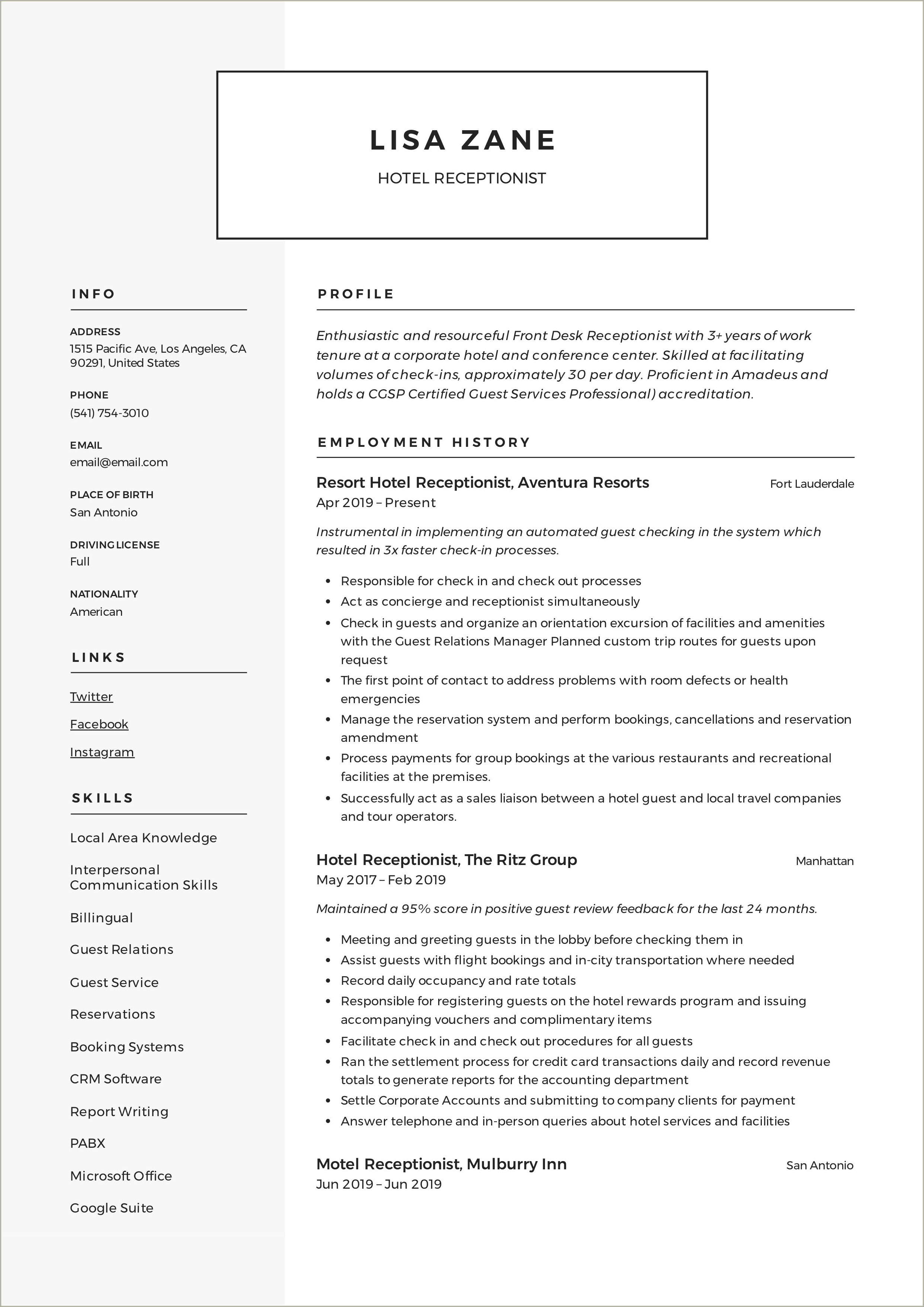 Resume For Hotel Receptionist With Experience