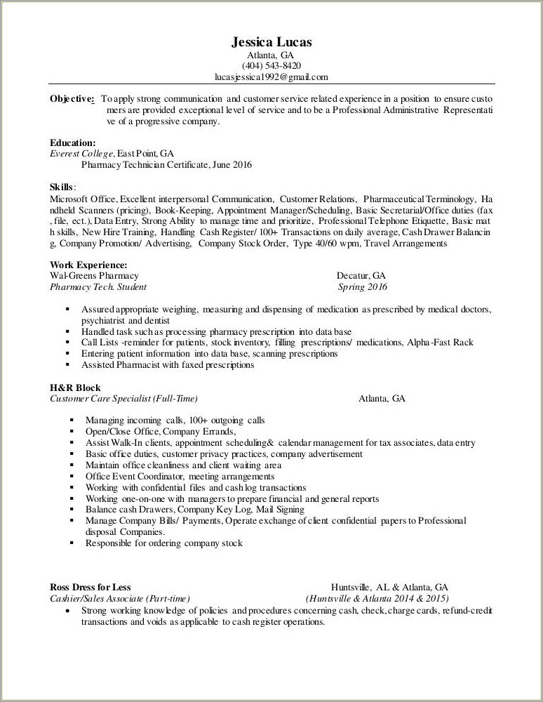 Resume For H&r Block Manager