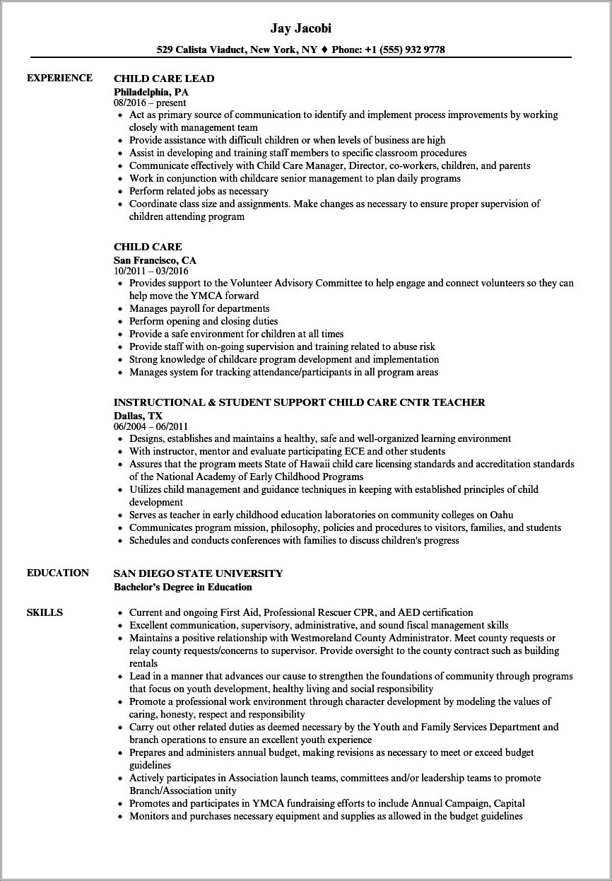 Resume For Infant Child Care Worker