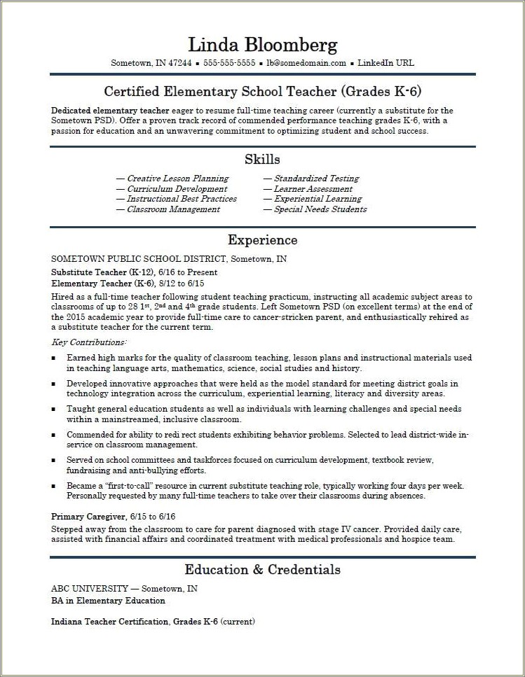 Resume For International School Primary Teacher