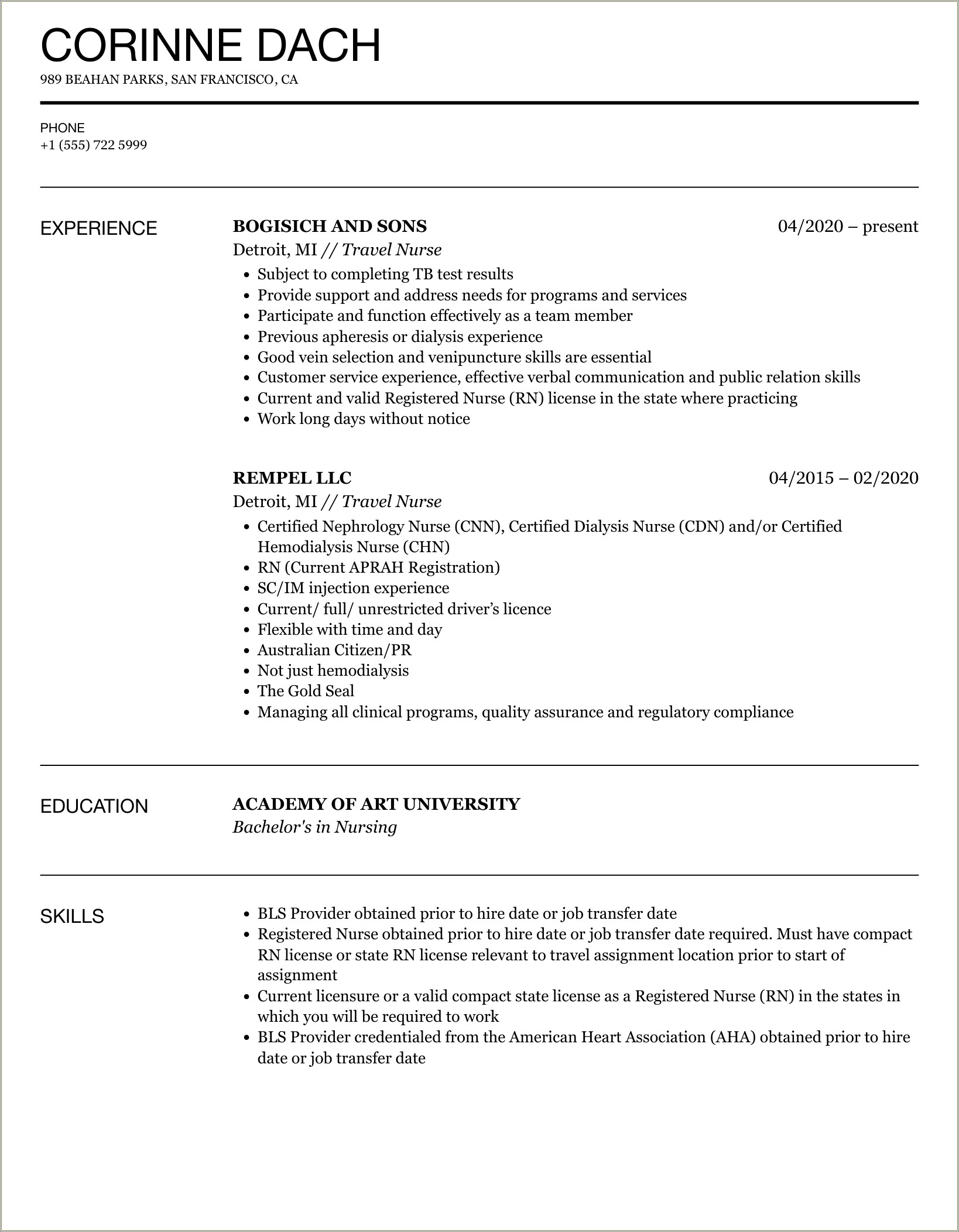 Resume For Job Description For Traveling Nursing