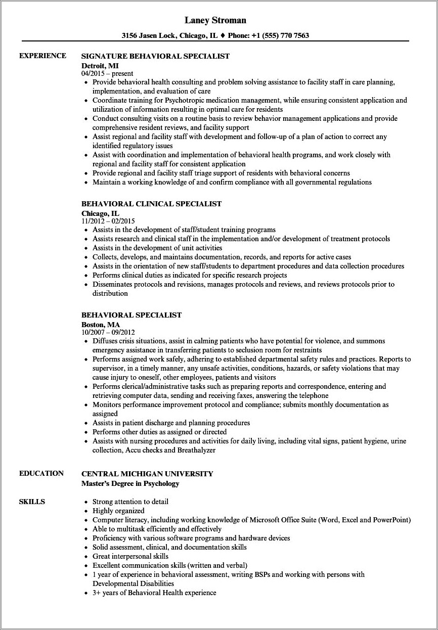 Resume For Job With A Behavior Center