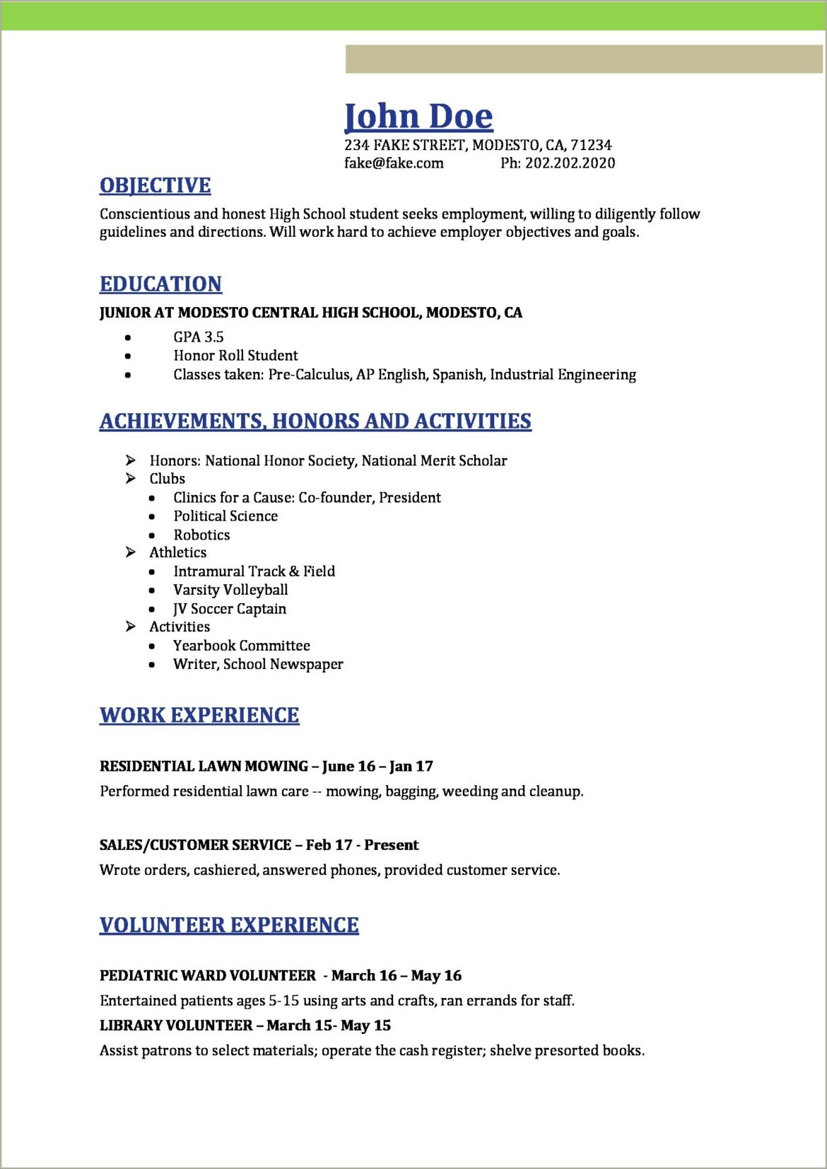 Resume For Junior High School Students